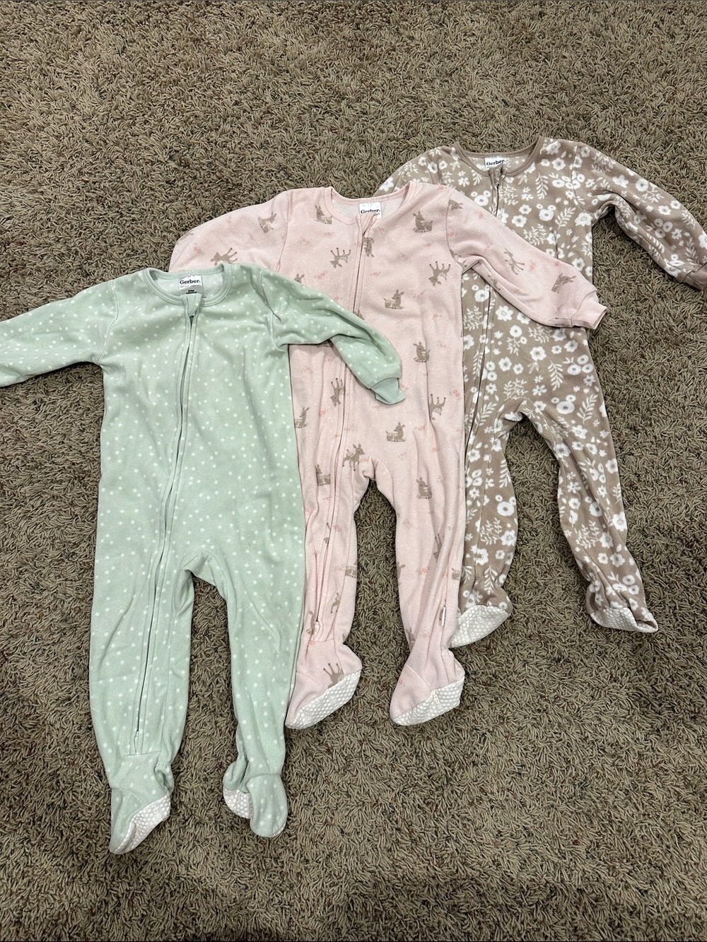 3 Baby Girl Fleece Footie Zipper PJs